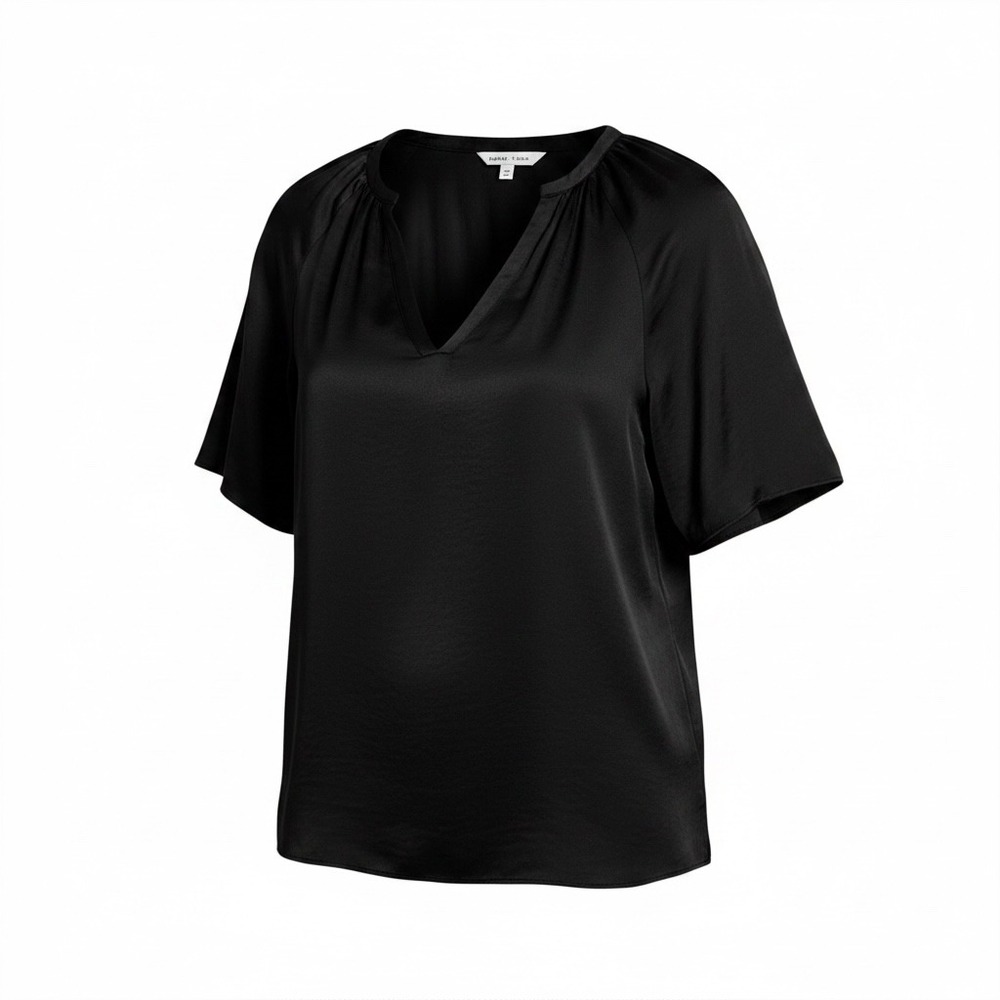 Naked Zebra Womens Black Satin V-Neck Pleated Short Sleeve Blouse Size S